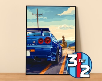 日産スカイライン R34 GTR 水彩画アートプリント – 限定版（デジタル
