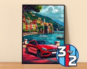 Könnte beinhalten: Ein rotes Mercedes-Benz Auto, das vor einem farbenfrohen italienischen Dorf mit blauem Meer und Booten im Hintergrund geparkt ist.