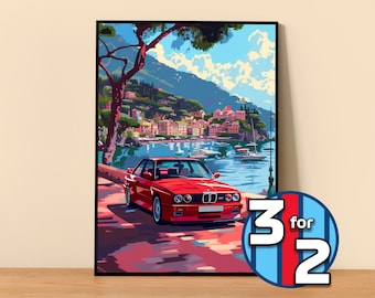 May include: A red BMW E30 sports car parked on a road overlooking a picturesque Italian village with a blue sea and boats in the background.
