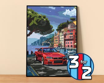 日産スカイライン R34 GTR 水彩画アートプリント – 限定版（デジタル