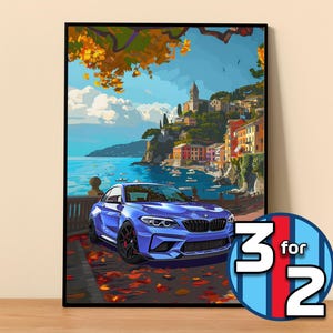 Puede incluir: Un coche deportivo azul aparcado frente a una ciudad colorida con un cielo azul y nubes blancas. El coche está aparcado en una carretera con hojas de otoño esparcidas por el suelo.