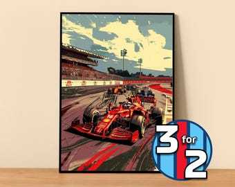 May include: A red race car with the number 16 on the side is speeding down a race track. The car is surrounded by other cars, and the track is lined with spectators. The image is a digital illustration.