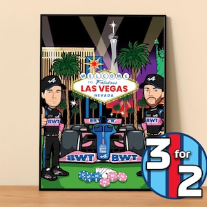 Puede incluir: Una ilustración digital de dos pilotos de carreras de coches de pie frente a un coche de carreras en Las Vegas. Los pilotos llevan trajes de carreras y cascos. El coche de carreras es rosa y azul con las palabras "BWT" en el lateral. El fondo es una ciudad con el cartel de Las Vegas y palmeras. El texto "3 por 2" está en la esquina inferior derecha.