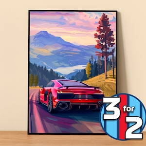 Puede incluir: Un coche deportivo rojo circula por una carretera sinuosa a través de un paso de montaña. El coche está enfocado, mientras que el fondo es un desenfoque de árboles verdes y un cielo azul con nubes.