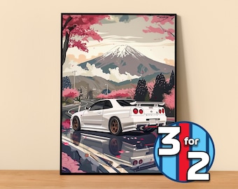 日産スカイライン R34 GTR 水彩画アートプリント – 限定版（デジタル