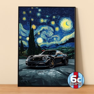 Puede incluir: Impresión artística enmarcada que presenta un coche deportivo negro sobre un fondo inspirado en "La noche estrellada" de Van Gogh. La obra de arte muestra un cielo nocturno azul oscuro con pinceladas arremolinadas, estrellas amarillas y una luna creciente.