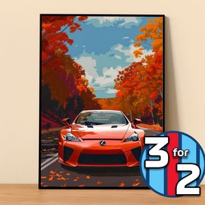 May include: A red sports car drives down a road lined with autumn trees. The leaves are a mix of orange, yellow, and red. The car is a Lexus LFA.