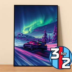 May include: A red sports car drives on a snowy road with a green and blue aurora borealis in the background.