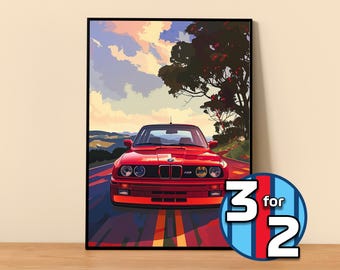 May include: A red BMW E30 M3 sports car driving along a winding road with a forest in the background. The car has a black front bumper and black wheels. The sky is blue with white clouds.