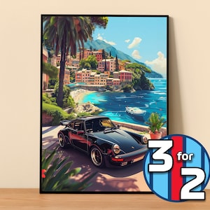 May include: A black Porsche 911 sports car parked on a tarmac road in front of a colourful Italian village with a blue ocean and a palm tree in the background.
