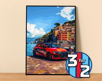 May include: A red Audi A3 sedan parked on a cobblestone street overlooking a picturesque Italian village with colorful buildings and a blue ocean in the background.