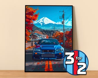 日産スカイライン R34 GTR 水彩画アートプリント – 限定版（デジタル
