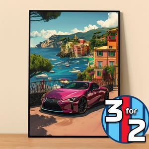 May include: A vibrant pink luxury car parked on a winding road overlooking a picturesque Italian coastal town. The car has a sleek design with sharp lines and a sporty front grille. The town is built on a cliffside with colourful buildings and a clear blue sea.