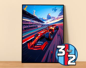 May include: A red Formula 1 race car speeding around a track with a blue and white checkered flag in the background. The car has the words "Mission Winnow" on the side.