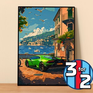 May include: A green Lamborghini sports car parked on a cobbled street in front of a colourful building with a view of a blue ocean and a small town in the distance. Seagulls fly overhead.