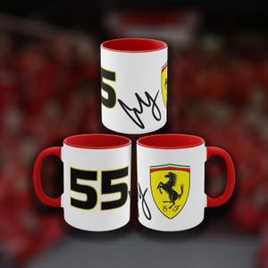 Carlos Sainz Jr Mug 11oz White-Red ⎮ Sainz Autografh ⎮ F1 Mugs ⎮ F1 Gifts⎮ Gifts for Him ⎮ Ferrari F1 Mug ⎮ Car Cuppa ⎮ Car Cup ⎮