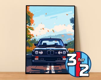 May include: A black BMW E30 M3 driving down a road with autumn leaves in the background. The car has a black front bumper and a black rear bumper. The car has a black grille with a BMW logo. The car has black headlights and black taillights. The car has black wheels. The car has a black interior. The car has a black roof. The car has a black spoiler. The car has a black license plate. The car has a black exhaust. The car has a black windshield. The car has a black hood. The car has a black trunk. The car has a black side skirt. The car has a black door. The car has a black window. The car has a black mirror. The car has a black handle. The car has a black emblem. The car has a black trim. The car has a black spoiler. The car has a black license plate. The car has a black exhaust. The car has a black windshield. The car has a black hood. The car has a black trunk. The car has a black side skirt. The car has a black door. The car has a black window. The car has a black mirror. The car has a black handle. The car has a black emblem. The car has a black trim.