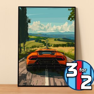May include: An orange Lamborghini sports car driving down a winding road through a green countryside landscape. The car is facing away from the viewer, and the road is lined with trees and bushes.