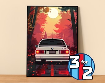 May include: A white BMW E30 driving through a red and orange forest with a sunset in the background.