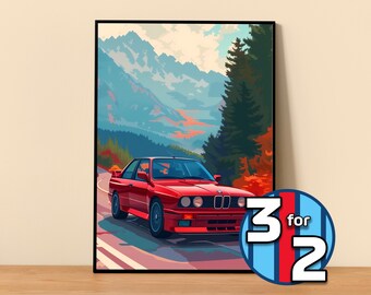 May include: A red BMW E30 M3 sports car driving on a winding road through a mountain pass. The car is in focus, while the background is blurred. The mountains are covered in snow and the sky is blue.