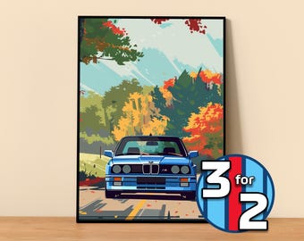 May include: A blue BMW E30 driving down a road lined with colourful autumn trees. The car is in focus, while the trees are blurred in the background.