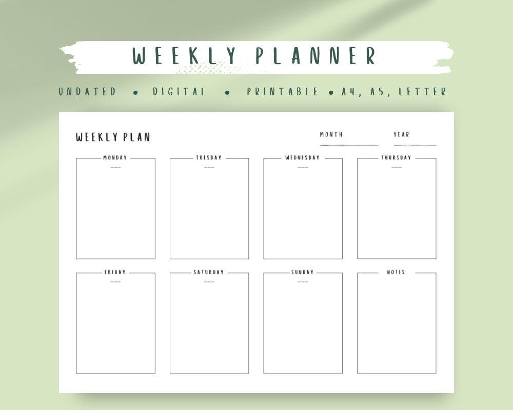 Undated Weekly Planner Printable: Landscape A4, A5, Letter (digital ...