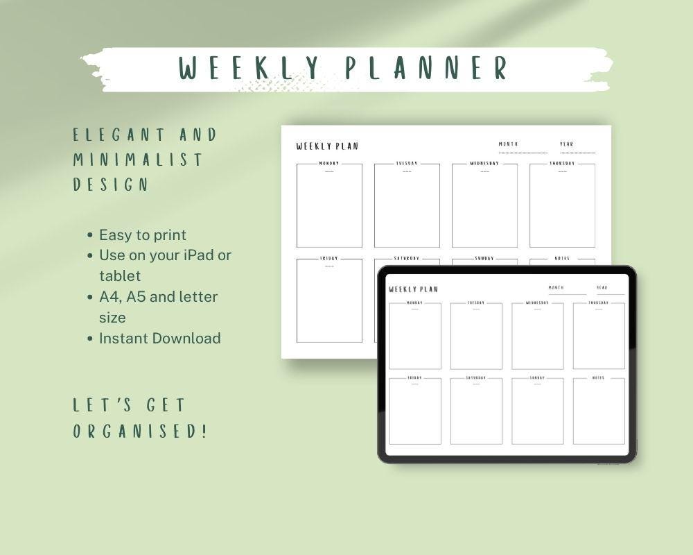 Undated Weekly Planner Printable: Landscape A4, A5, Letter (digital ...