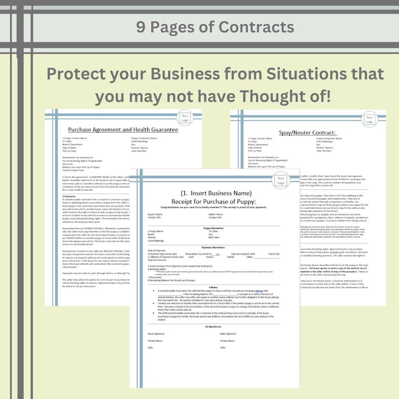 Purchase Agreement, Health Guarantee, Spay or neuter contract, receipt for payment, puppy sale, dog breeder, contracts for safety