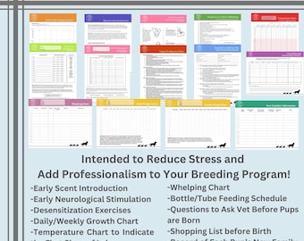 May include: A collection of 14 organizational tools for dog breeders, featuring printed charts and forms with headers like Dog Breeder- 14 Organizational Tools, Whelping Chart, and New Family Information, displayed in various colors on a light blue background.