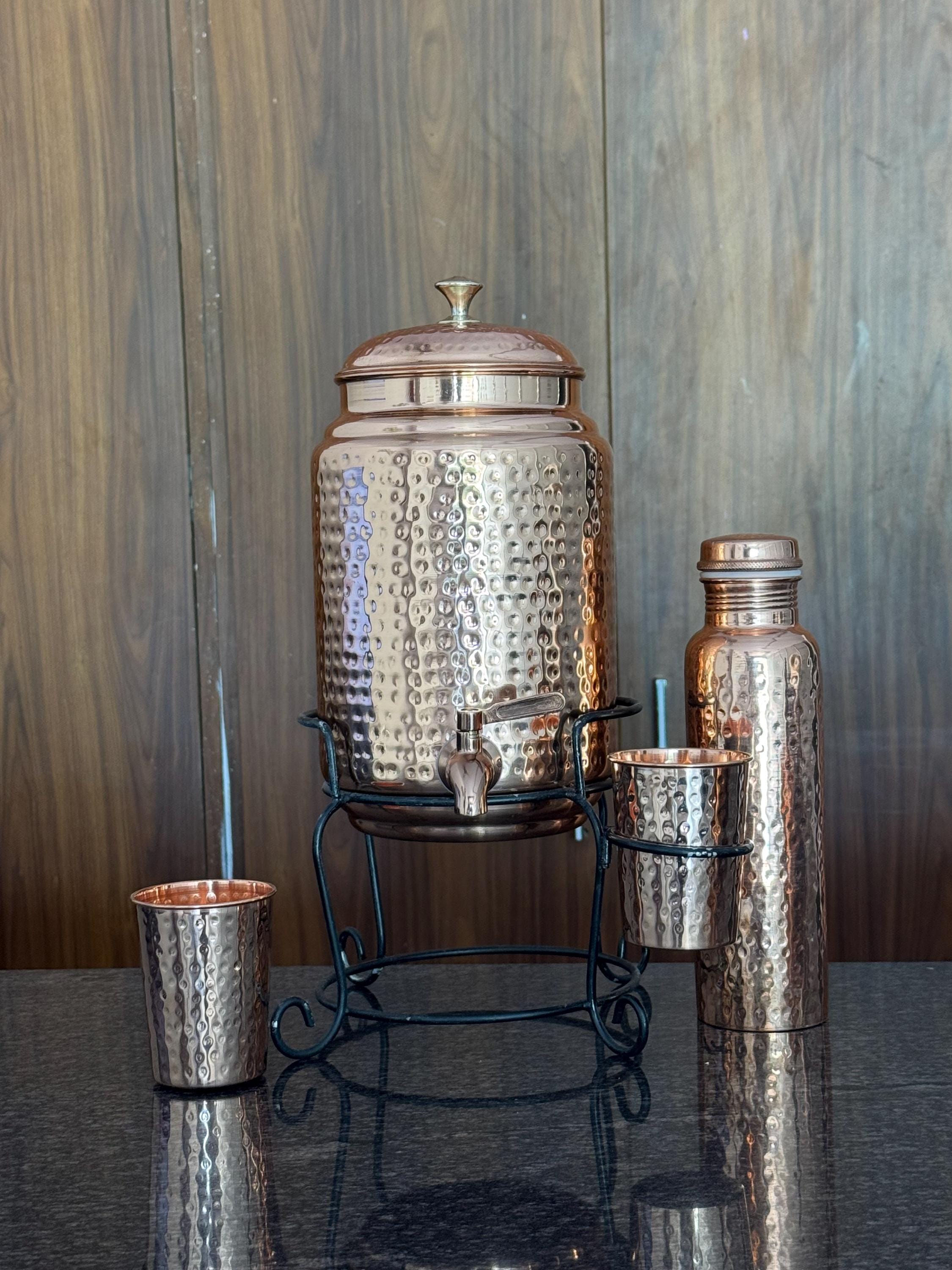 VYUHA Pure Copper Hammered Water Dispenser Set – 6.5L (218 Oz) Storage Tank With Tap, 4 Copper Glasses & Brass Stand