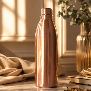 Peut inclure: Une gourde isolée de couleur cuivre, avec un corps arrondi et un bouchon assorti. La bouteille est en métal brillant et reflète la lumière. L'arrière-plan comprend un vase avec de la verdure et un mur décoratif.