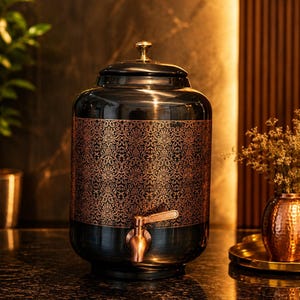 May include: A black and copper drinks dispenser with a decorative floral pattern. The dispenser has a spigot, lid, and a gold-coloured handle. The dispenser is on a dark surface.
