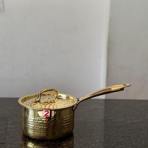 Heavy Gauge Brass Sauce Pan with Lid, Hammered Premium Finish, Perfect for Cooking and Kitchen Gift Beautiful Cooking Set