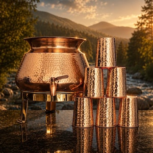 Puede incluir: Un dispensador de bebidas de cobre con un grifo y un juego de tazas de cobre martillado a juego. El dispensador se encuentra sobre un soporte con patas curvas. Las tazas están apiladas en forma de pirámide. El fondo presenta un río y árboles.