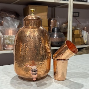 Indian Pure Copper Full Hammered Beautiful Oval Shape Matka  – Handcrafted Dotted Design 5/8 Liter for Traditional Drinking & Christmas Gift
