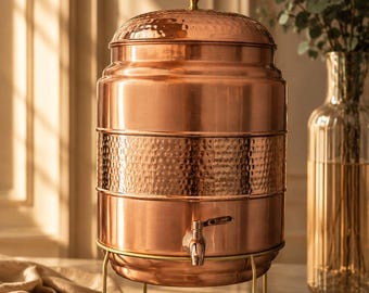 Half Hammered Copper Water Pot with Brass Stand & Tap - Indian Kitchen Decor