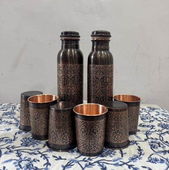 Rustic Copper Bottle & Glass Set: Antique Brown Drinkware Gift