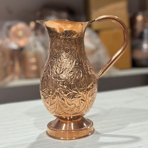 Copper Engrave Carvinbg Mughlai Jug, Elegant Traditional Drink ware for Serving Water, Perfect Gift for Housewarming & Special Occasions