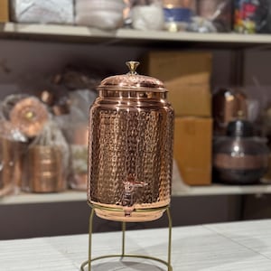 Indian Pure Copper Full Hammered  Matka with Brass Stand – Handcrafted Dotted Design, 5 Liter for Traditional Drinking & Christmas Gift