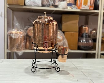Engraved Copper Water Pot with Iron Stand & Tap: Indian Kitchen Decor