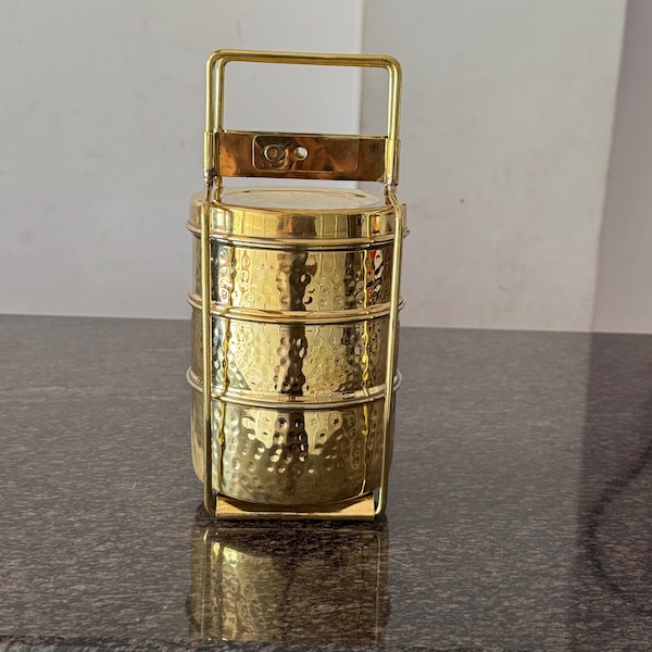 Hammered Brass Lunch Box, 3-Tier Tiffin with Tin Lining