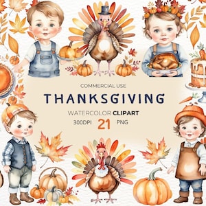 Festive Thanksgiving Clipart bundle with Pumpkin Pie, Fall Leaves, and Turkey