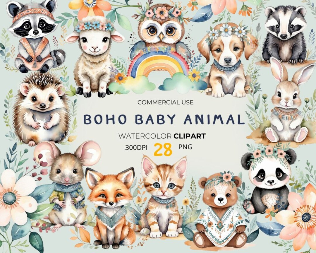 Boho Woodland Baby Shower Clipart Bundle - Watercolor Forest Animals ...
