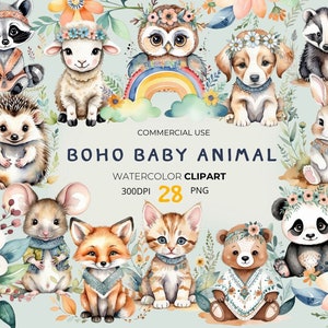 Boho Woodland Baby Shower Clipart Bundle - Watercolor Forest Animals PNG