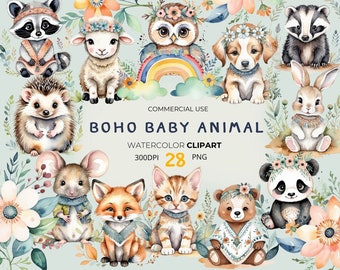 Paquete De Imágenes Prediseñadas Para Baby Shower De Boho Woodland - Animales Del Bosque De Acuarela Png