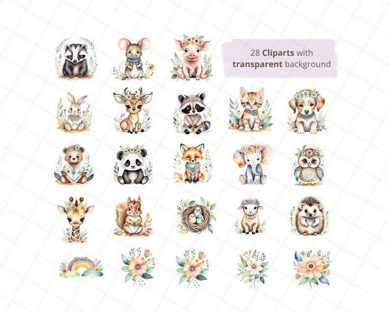 Boho Woodland Baby Shower Clipart Bundle - Watercolor Forest Animals ...
