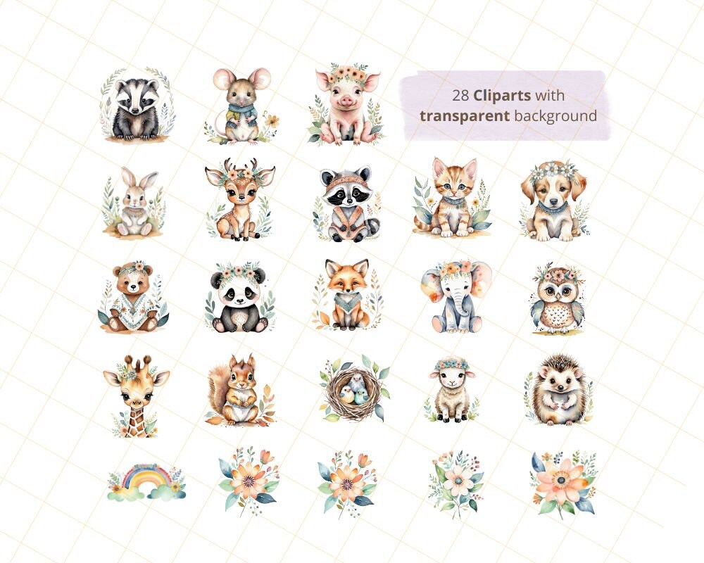 Boho Woodland Baby Shower Clipart Bundle - Watercolor Forest Animals ...