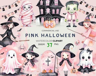 Pink Halloween Clipart Bundle | Watercolor PNG Graphics