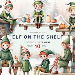 Elf auf Regal Clipart | Die kleinen Helfer des Weihnachtsmanns, Weihnachtselfen, Winterzwerge, Niedliche Weihnachtscliparts, PNG Aquarell Clipart