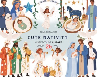 Nativity Watercolor Clipart Bundle, Christmas Story (PNG Digital Download